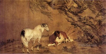 Chino Painting - Lang brillando 2 caballos bajo la sombra del sauce tradicional China